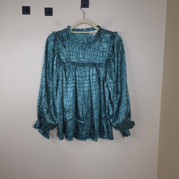Entro Metallic Long Sleeve Mock Neck Blouse in Green Size M - Picture 1 of 10